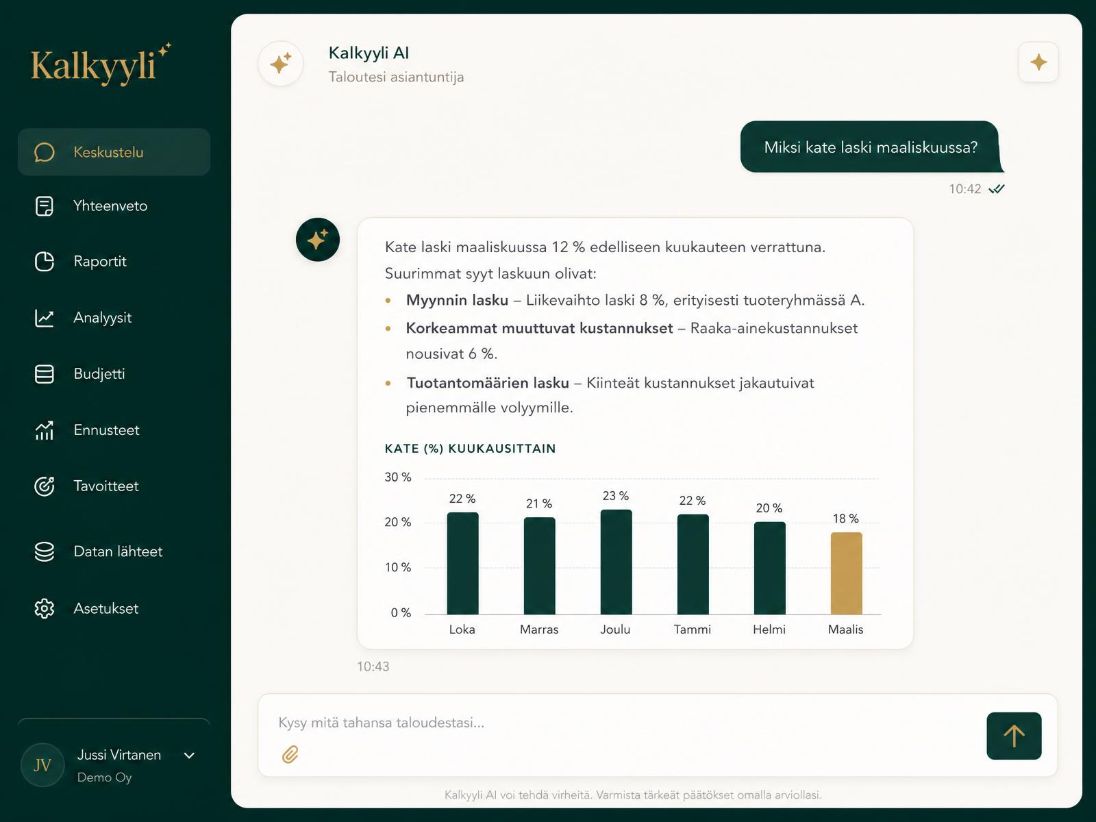 Kalkyylin AI-talousassistentti vastaa kysymykseen katteen laskusta